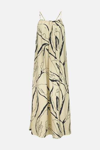 Robe beige sans manches d'OBJECT avec imprimé abstrait noir, fines bretelles et coupe décontractée.