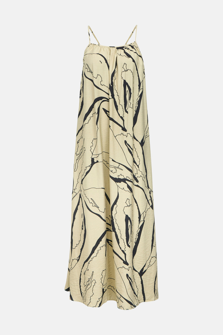 Robe beige sans manches d'OBJECT avec imprimé abstrait noir, fines bretelles et coupe décontractée.
