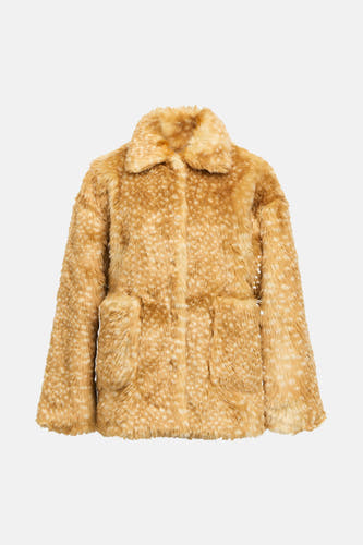 Manteau court brun d'OBJECT, avec une texture en fourrure douce et un motif à points subtil.