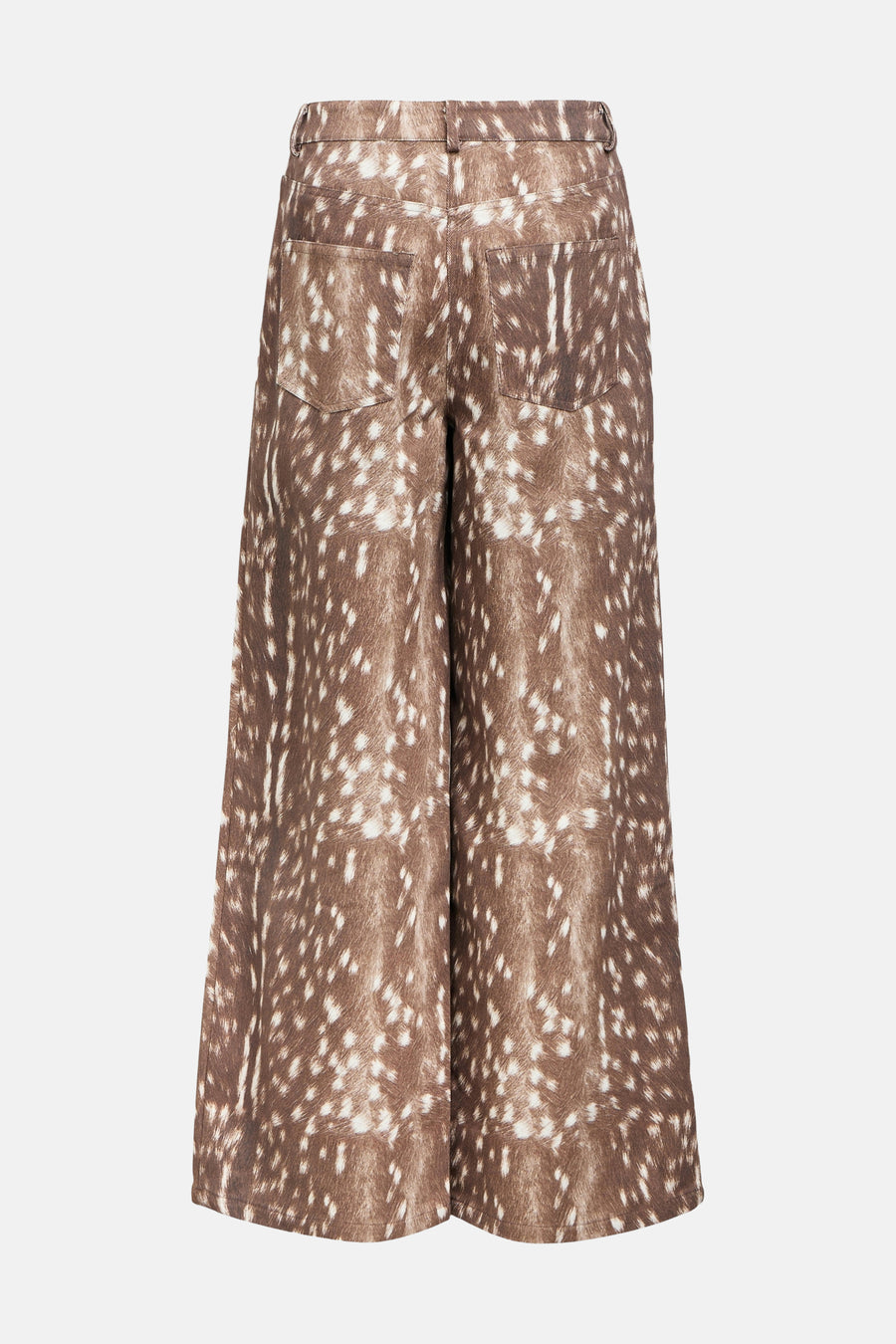 Bruine culottebroek met dierenprint, achterkant.