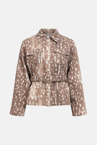 Veste brune d'OBJECT, avec une impression d'animaux, fermeture à boutons et une ceinture autour de la taille.