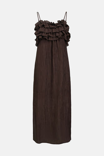 Robe longue marron d'OBJECT avec bretelles spaghetti, volants superposés sur le corsage et texture plissée.