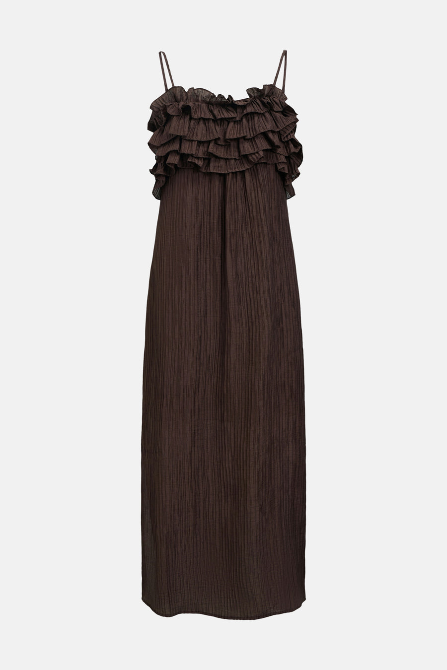 Robe longue marron d'OBJECT avec bretelles spaghetti, volants superposés sur le corsage et texture plissée.