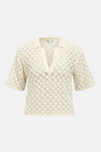 Pull col en V écru d'OBJECT, avec motif en maille ajourée et manches courtes.