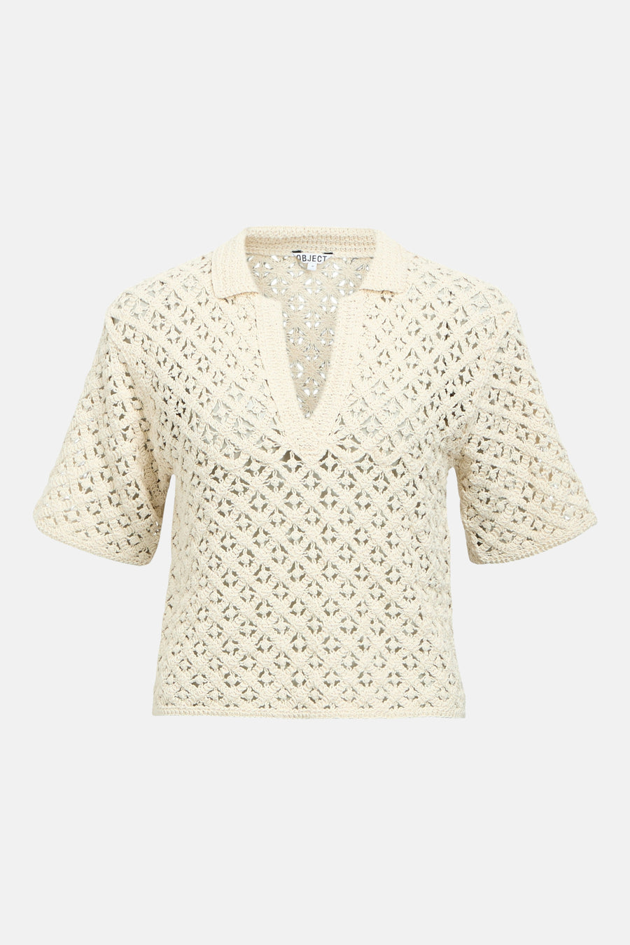 Pull col en V écru d'OBJECT, avec motif en maille ajourée et manches courtes.