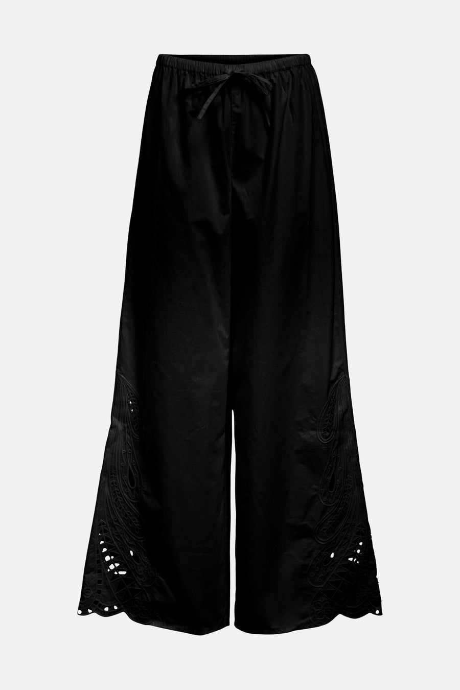 Pantalon large noir de OBJECT avec taille élastique, cordon de serrage et broderie ajourée sur les jambes.