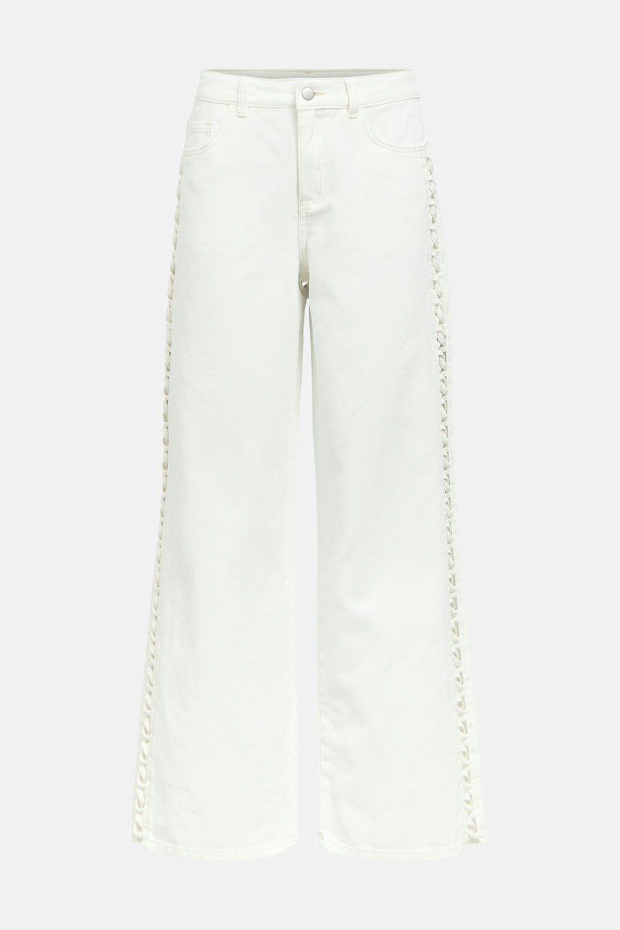 Jean blanc de couleur d'OBJECT avec jambes larges et détails de laçage décoratifs sur les côtés.