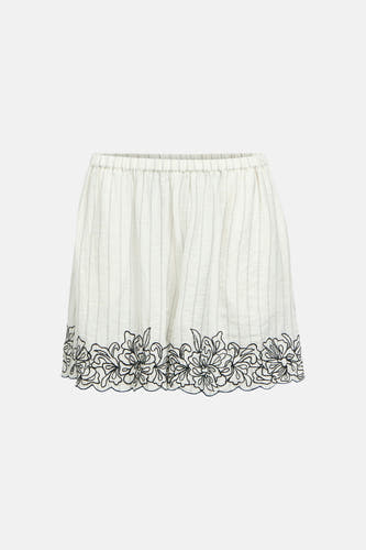 Short blanc d'OBJECT avec de subtiles rayures verticales, une taille élastique et des fleurs brodées sur l'ourlet festonné.