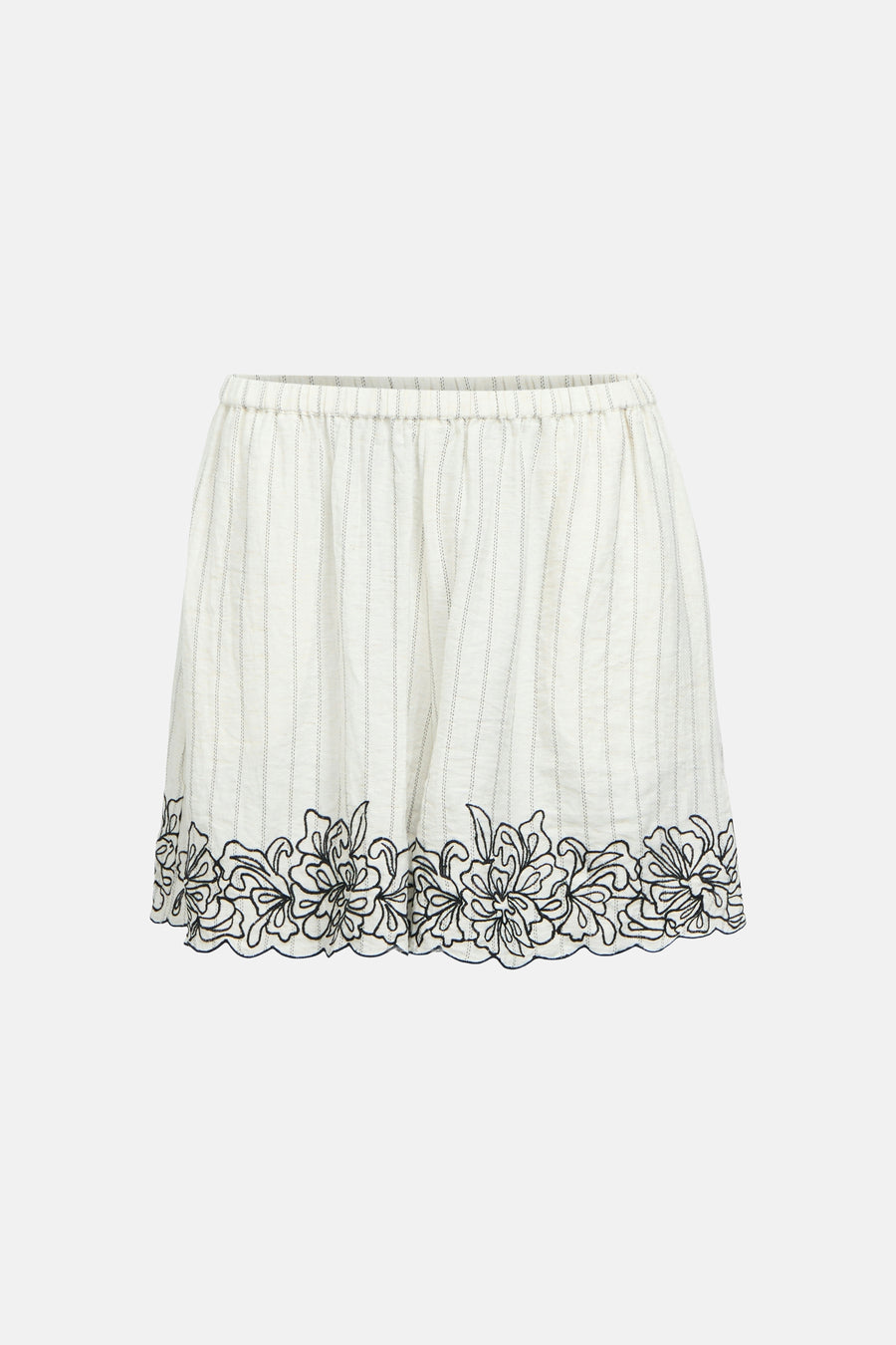 Short blanc d'OBJECT avec de subtiles rayures verticales, une taille élastique et des fleurs brodées sur l'ourlet festonné.