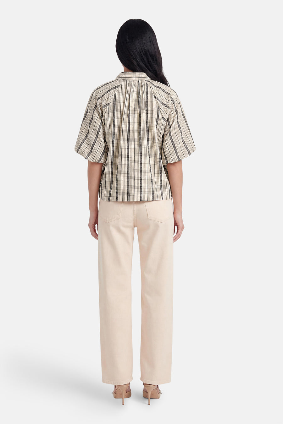 Multicolor blouse met korte mouwen van OBJECT, met geruit patroon, losse pasvorm en plooien op de rug.
