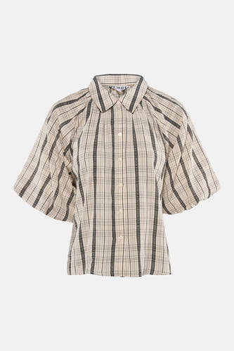 Chemisier à carreaux beige avec col et manches courtes de OBJECT, avec rayures verticales foncées, manches bouffantes et fermeture boutonnée.