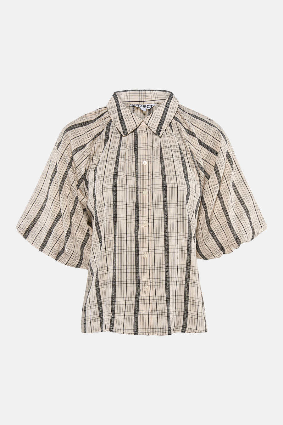 Chemisier à carreaux beige avec col et manches courtes de OBJECT, avec rayures verticales foncées, manches bouffantes et fermeture boutonnée.