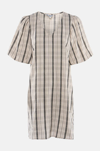 Robe multicolore à manches courtes de OBJECT, avec un motif à carreaux beige, des rayures décoratives noires, un col en V et des manches bouffantes.
