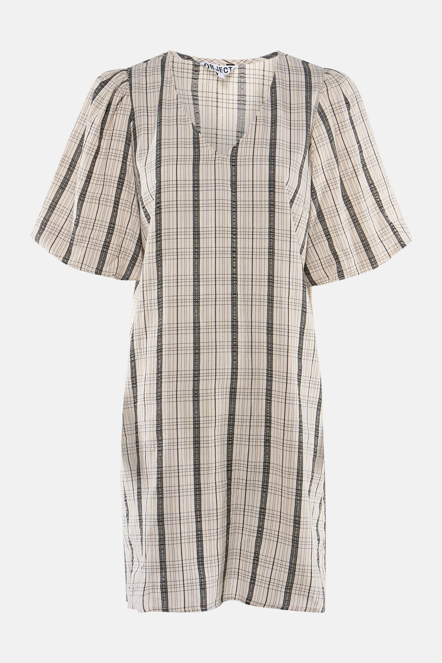 Robe multicolore à manches courtes de OBJECT, avec un motif à carreaux beige, des rayures décoratives noires, un col en V et des manches bouffantes.