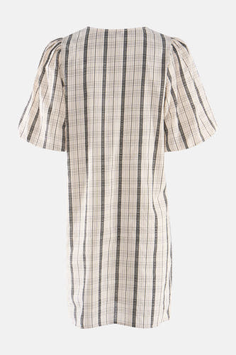 Robe multicolore à manches courtes de OBJECT, à motif à carreaux et rayures, manches bouffantes, vue de dos.
