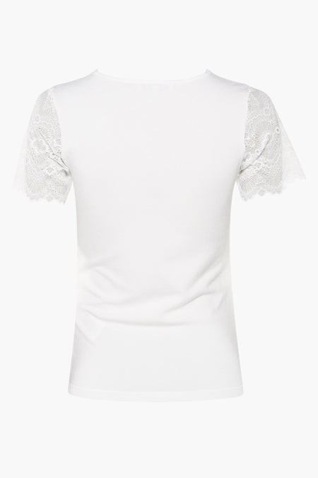 T-shirt blanc à manches courtes de Morgan De Toi avec manches en dentelle, vue de dos