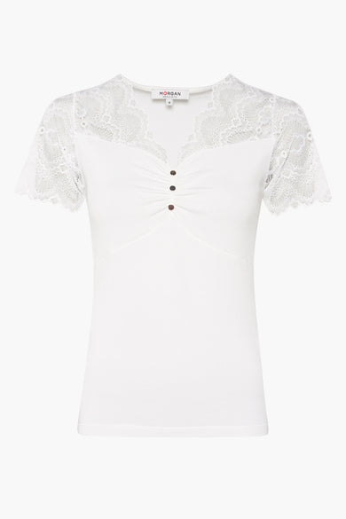 T-shirt blanc à manches courtes de Morgan De Toi avec détails en dentelle sur les épaules et fermeture à boutons à l'avant
