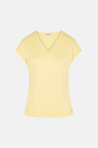 T-shirt jaune à col V et manches courtes de Morgan De Toi, en maille fine, avec bords-côtes et une étiquette métallique à l'ourlet.