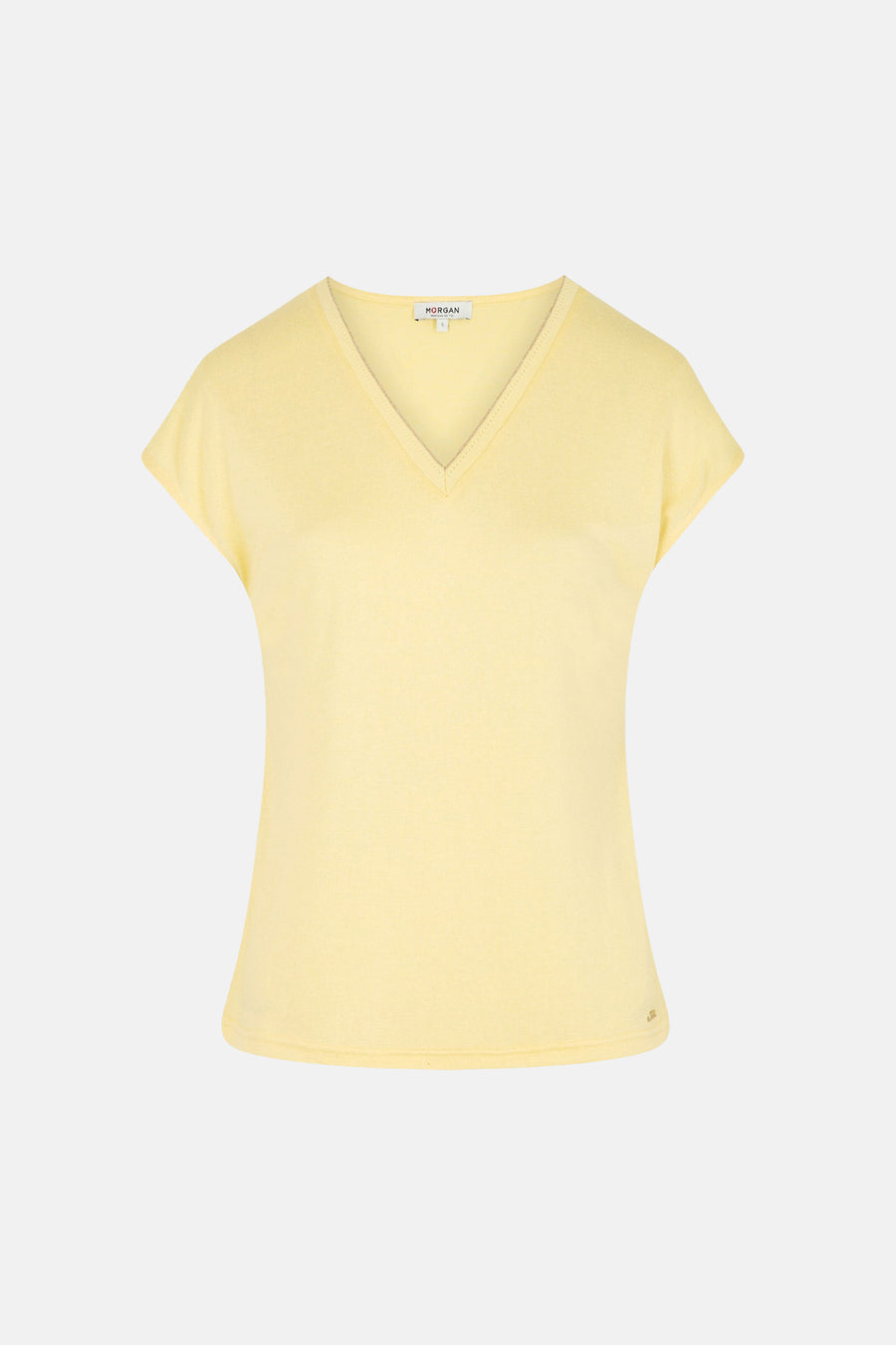 T-shirt jaune à col V et manches courtes de Morgan De Toi, en maille fine, avec bords-côtes et une étiquette métallique à l'ourlet.
