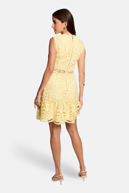 Robe courte sans manches en dentelle jaune de Morgan De Toi, vue de dos, avec col montant, fermeture éclair et volants à l'ourlet.