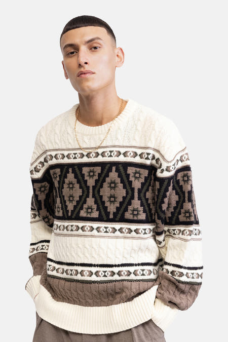 Sweat-shirt multicolore à col rond de REDEFINED REBEL, avec motif côtelé et motifs ethniques.