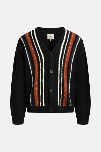 Veste noire de REDEFINED REBEL avec des détails rayés sur l'avant et une fermeture à boutons.