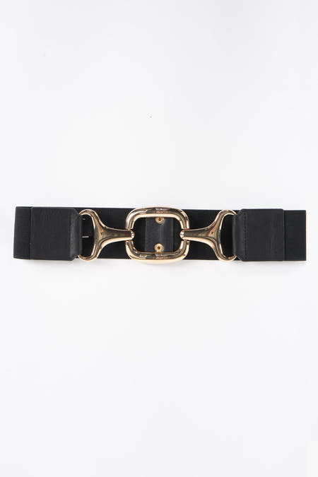 Ceinture noire de Morgan De Toi, avec détail de boucle dorée et fermeture à bouton pression.