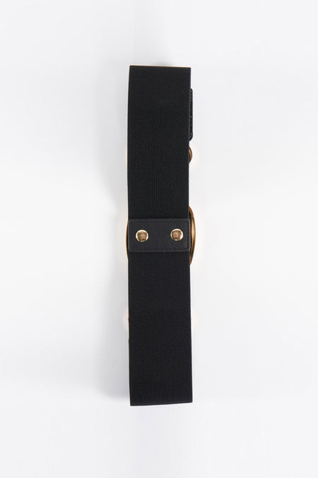 Ceinture noire de Morgan De Toi, avec des détails dorés et une bande élastique sur un fond blanc.