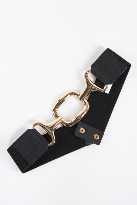 Zwarte riem van Morgan De Toi, met gouden schakeldetail en drukknoopsluiting.