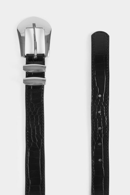 Ceinture noire de Morgan De Toi, avec imprimé d'imodile et boucle argentée.