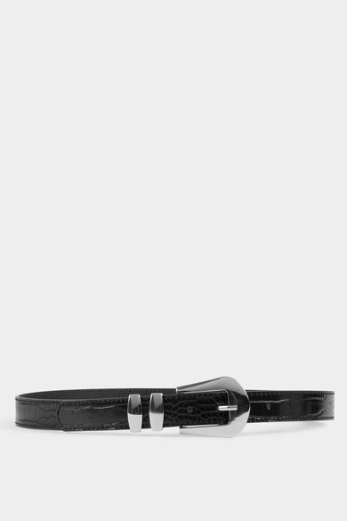 Ceinture noire en cuir de crocodile imité de Morgan De Toi avec boucle argentée.