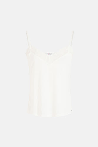 Witte top met spaghettibandjes van Morgan de Toi, afgewerkt met kanten details langs de halslijn.
