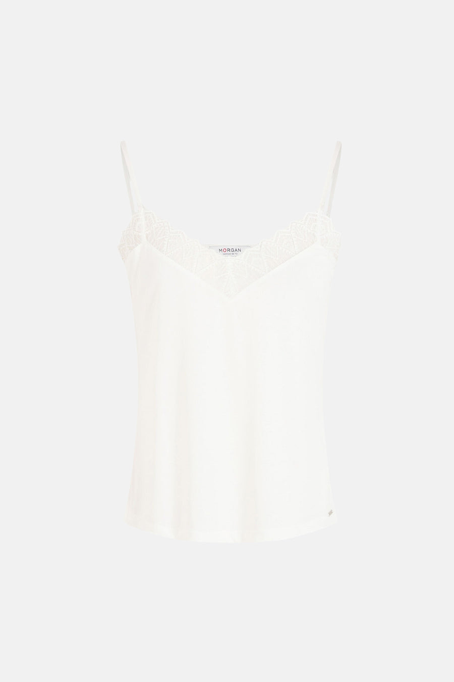Witte top met spaghettibandjes van Morgan de Toi, afgewerkt met kanten details langs de halslijn.
