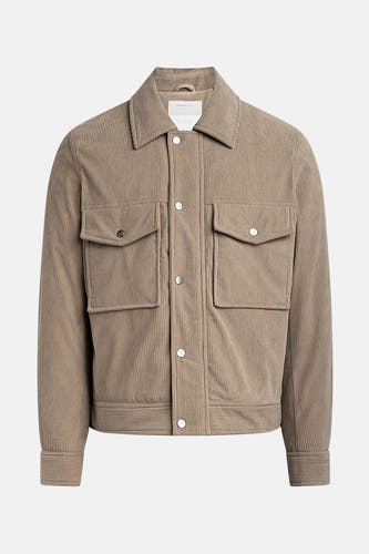 Manteau court beige de REDEFINED REBEL, avec texture en corduroy, fermeture à boutons et deux poches à boutons.