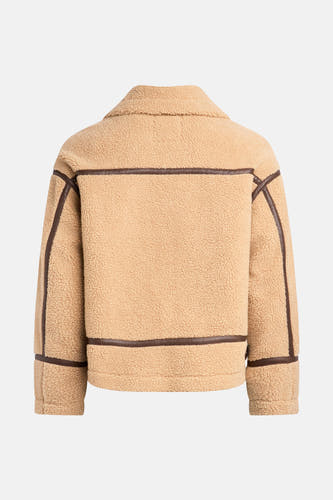 Beige, manteau court de REDEFINED REBEL avec des accents en cuir brun, texture en polaire et col, vu de derrière.