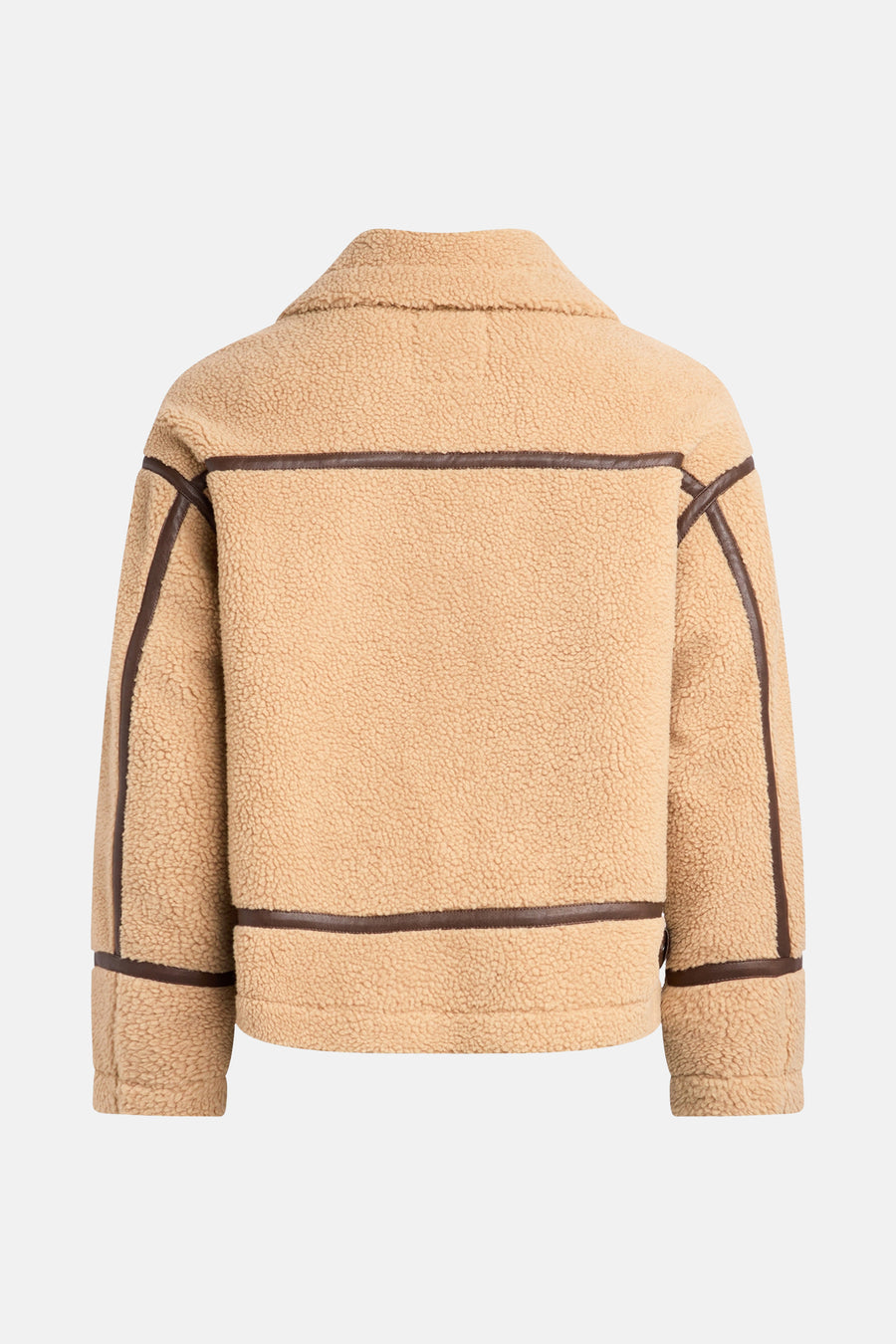 Beige, manteau court de REDEFINED REBEL avec des accents en cuir brun, texture en polaire et col, vu de derrière.