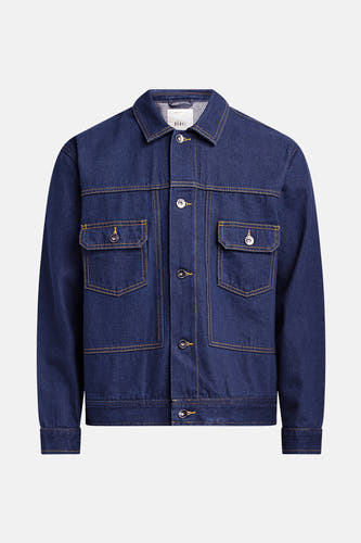 Veste en jeans bleu marine de REDEFINED REBEL, avec poches poitrine et fermeture à boutons.