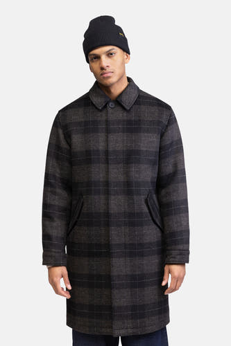 Manteau long noir de REDEFINED REBEL, avec un motif à carreaux, une fermeture à bouton unique et des poches.