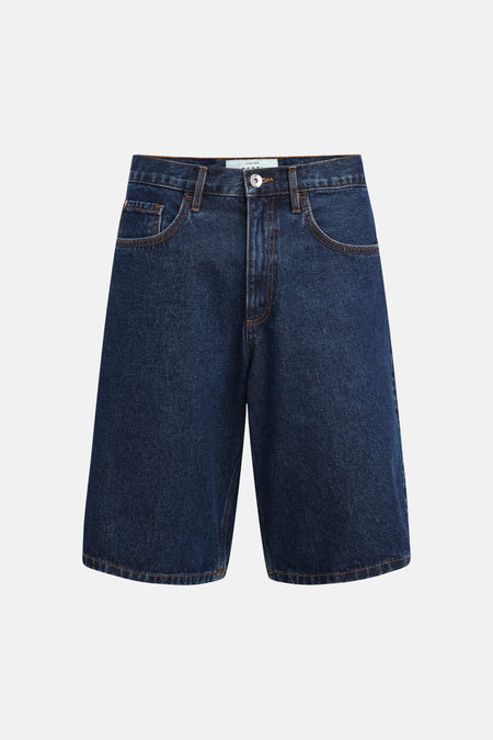 Short en jean bleu marine de REDEFINED REBEL avec surpiqûres orange et fermeture à boutons.