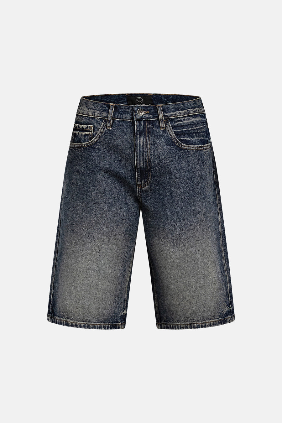 Blauwe mid-lengte jeansshort van REDEFINED REBEL, geverfd met vervaagde details en klassieke zakken, front view