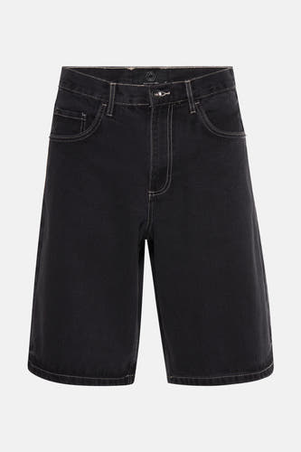 Jean short gris anthracite de REDEFINED REBEL, avec des surures blanches et des poches à l'avant.