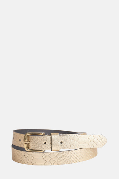 Ceinture d'or de Legend, avec une impression de reptile et une boucle dorée.
