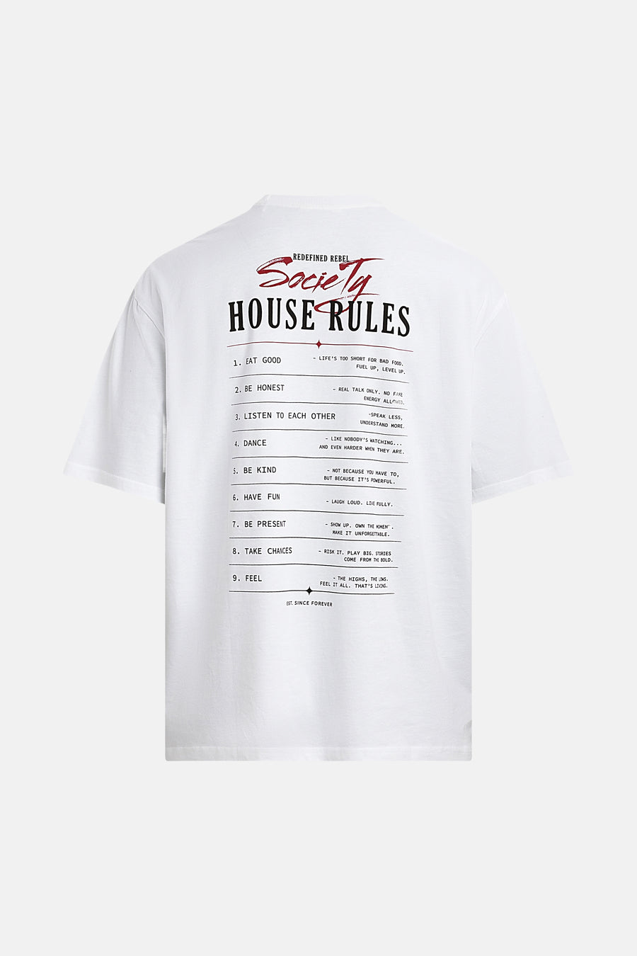 T-shirt blanc à manches courtes de REDEFINED REBEL, avec un imprimé texte 'HOUSE RULES' au dos.