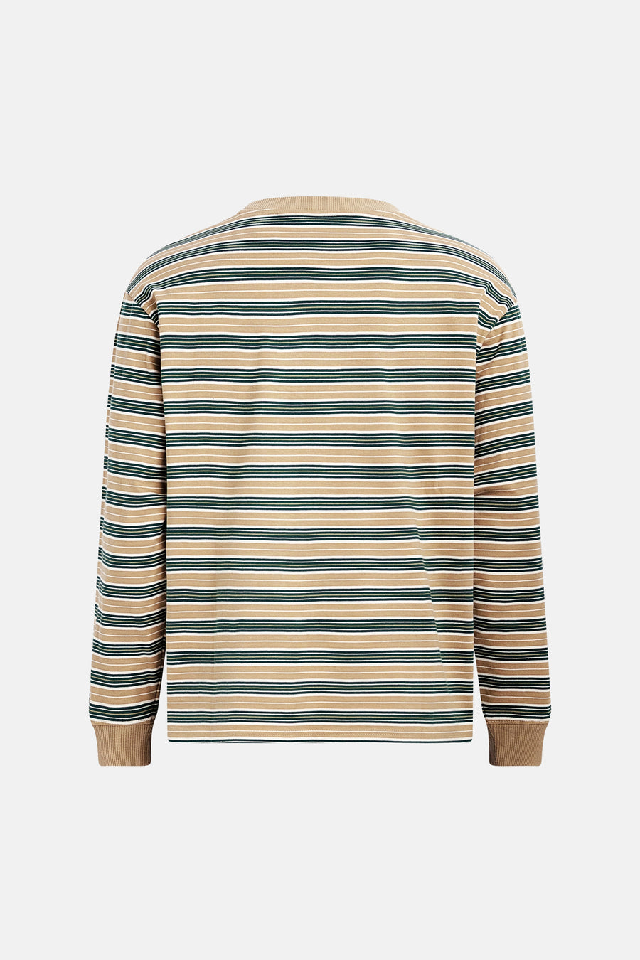 T-shirt à manches longues multicolore de REDEFINED REBEL, avec des rayures horizontales beiges, blanches et vertes, dos.
