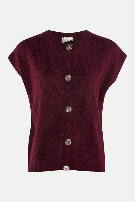 Gilet de Bordeaux de Terra di Siena, avec des manches courtes et une texture fine tricotée.