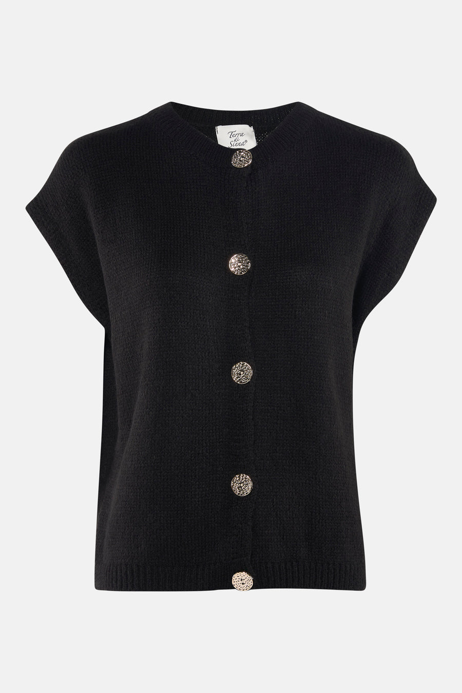 Veste noire de Terra di Siena, avec des manches courtes et une fine texture tricotée.