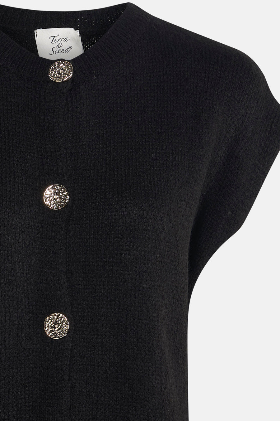 Cardigan noir de Terra di Siena avec des boutons argentés.