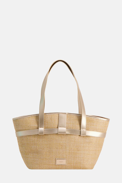 Morgan De Toiiioud é beige, avec des accents accents or et une texture tissée sur un fond blanc.