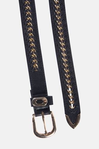 Zwarte riem van Morgan De Toi, afgewerkt met goudkleurige kettingdetails en een gouden gesp.
