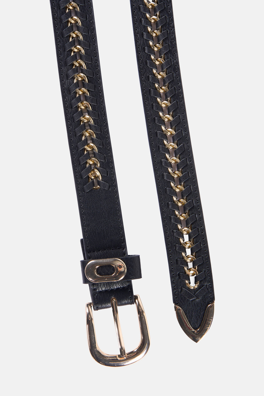 Zwarte riem van Morgan De Toi, afgewerkt met goudkleurige kettingdetails en een gouden gesp.
